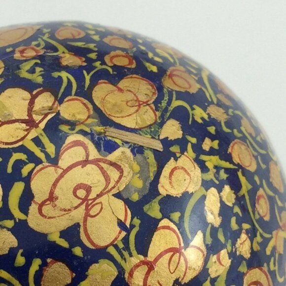 2 Blue Gold Handmade Paper Mache Christmas Balls Made in India DAMAGED - Picture 10 of 12